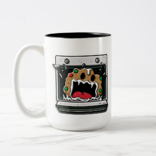 Grappige kerstkoek die schreeuwt vanuit de oven tweekleurige koffiemok