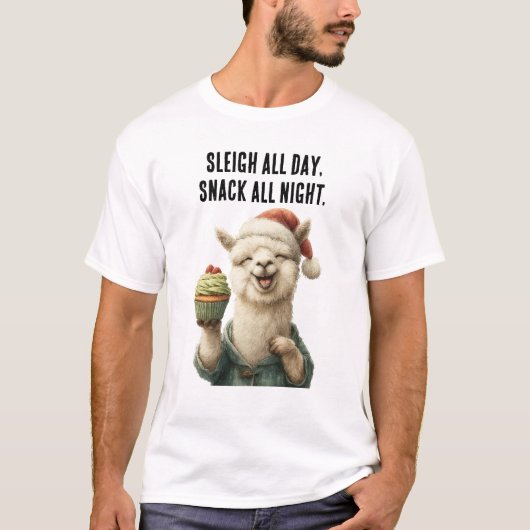 Grappige kerstlama – Sleigh & Snack T-shirt (Voorkant)