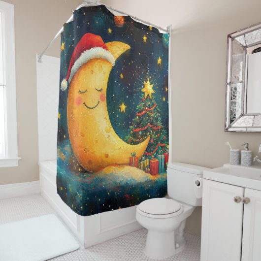 Grappige Kerstmaan Melkweg Viering Douchegordijn (In situ)