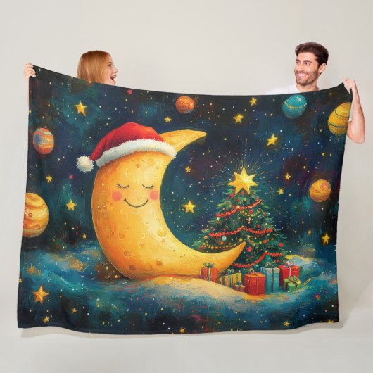 Grappige Kerstmaan Melkweg Viering Fleece Deken (In situ)
