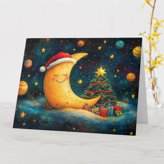 Grappige Kerstmaan Melkweg Viering Kaart (Gele Bloem)