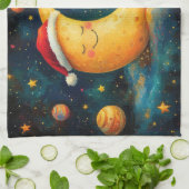 Grappige Kerstmaan Melkweg Viering Theedoek (Gevouwen)