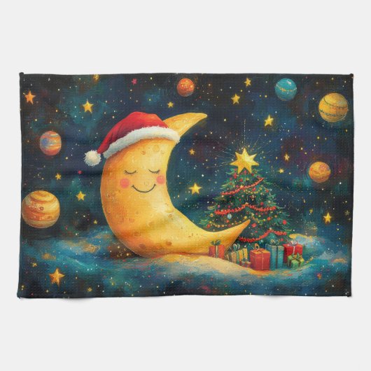 Grappige Kerstmaan Melkweg Viering Theedoek (Horizontaal)