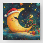 Grappige Kerstmaan Melkweg Viering Vierkante Klok (Voorkant)