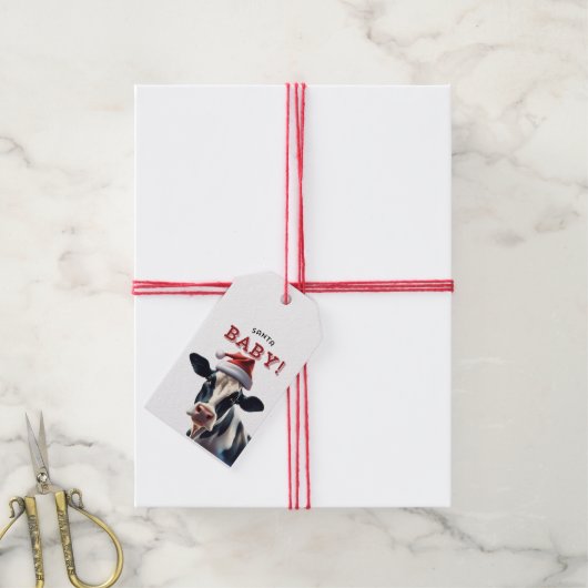 Grappige Kerstman Baby Kerst Holstein Koe Cadeaulabel (Met Touw)