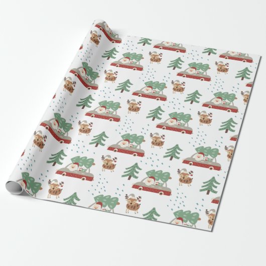Grappige Kerstman Besneeuwde bossen Kerstmis Cadeaupapier (Uitgerold)