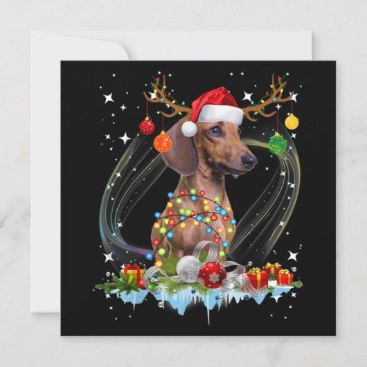 Grappige Kerstman Dachshund Rendier Licht Kerstmis Notitiekaartje (Voorkant)