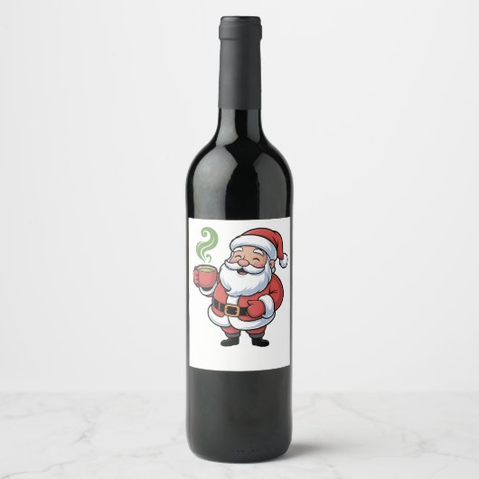 Grappige Kerstman die een Matcha-drank vasthoudt Wijn Etiket (Voorkant)