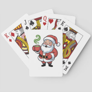 Grappige Kerstman die een Matcha-Drink vasthoudt Pokerkaarten