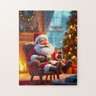 Grappige Kerstman die ontspant met rode wijn Legpuzzel