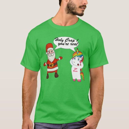 Grappige Kerstman en eenhoorn Verrassing Ontmoet K T-shirt (Voorkant)