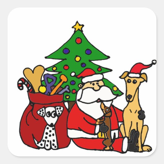 Grappige Kerstman en Puppy Honden Kerstkunst Vierkante Sticker (Voorkant)