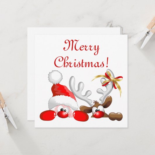 Grappige Kerstman en Rendier Cartoon Kaart (Voorkant / Achterkant in situ)