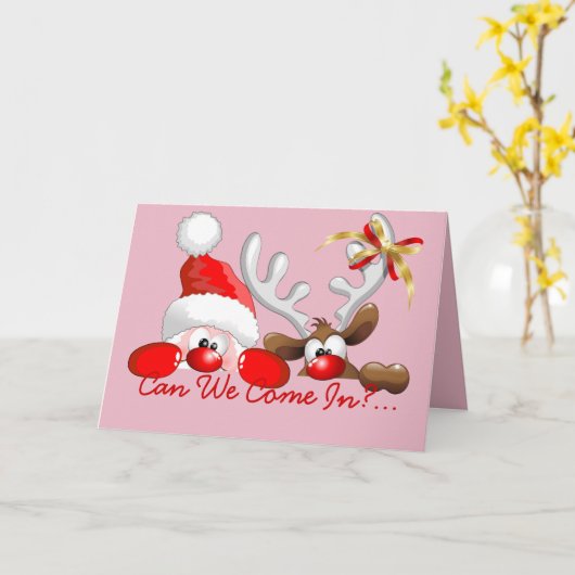 Grappige Kerstman en Rendier Cartoon Kaart (Gele Bloem)