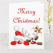 Grappige Kerstman en Rendier Cartoon Kaart (Gele Bloem)