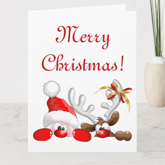 Grappige Kerstman en Rendier Cartoon Kaart (Voorkant)