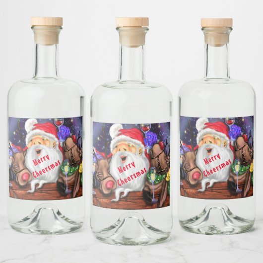 Grappige Kerstman en rendieren Kerstfeest Proost Likeurfles Etiket (Flessen)