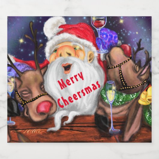 Grappige Kerstman en rendieren Kerstfeest Proost Likeurfles Etiket (Enkel label)