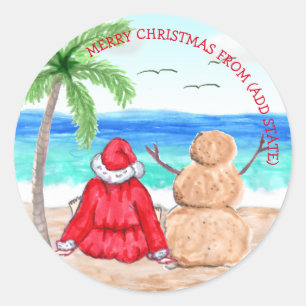 Grappige Kerstman en Sneeuwman op het strand Kerst Ronde Sticker
