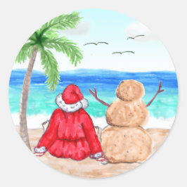 Grappige Kerstman en Sneeuwman op het strand Kerst Ronde Sticker
