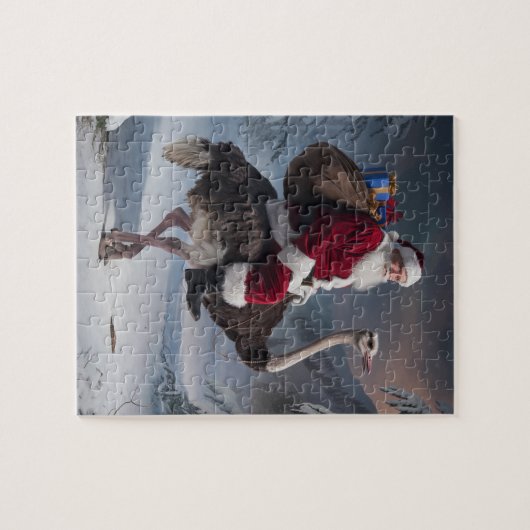 Grappige Kerstman en struisvogel Kerstbezorging Legpuzzel (Horizontaal)