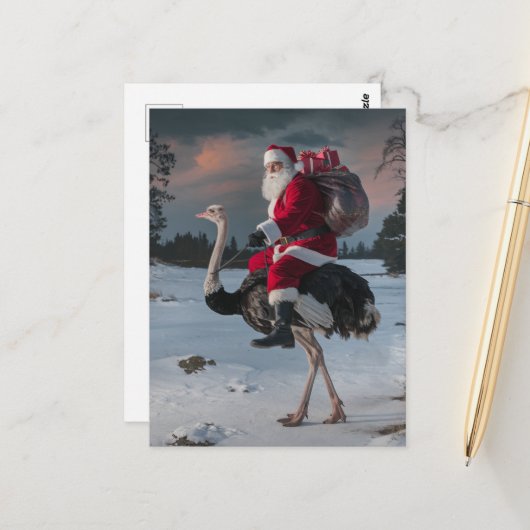 Grappige kerstman en struisvogel kerstsneeuw briefkaart (Voorkant / Achterkant in situ)