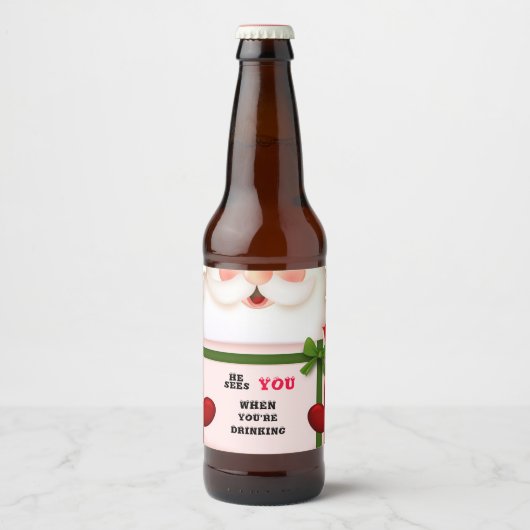 Grappige Kerstman Hij Ziet Je Als Je Drinkt Bier Etiket (Voorkant)