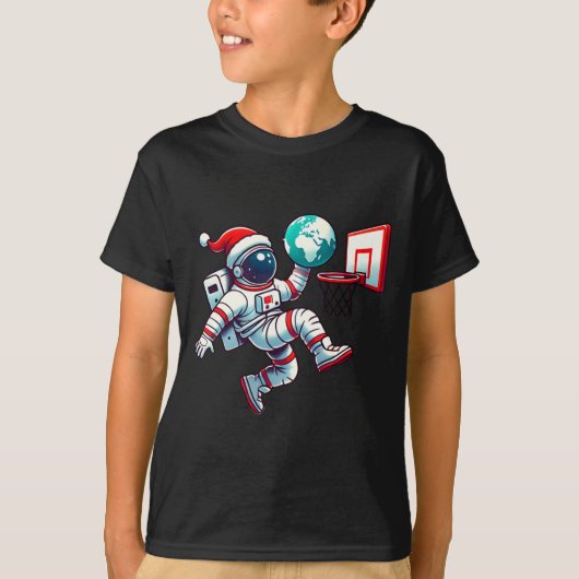 Grappige Kerstman Hoed Astronaut Dunking Aarde Bas T-shirt (Voorkant)