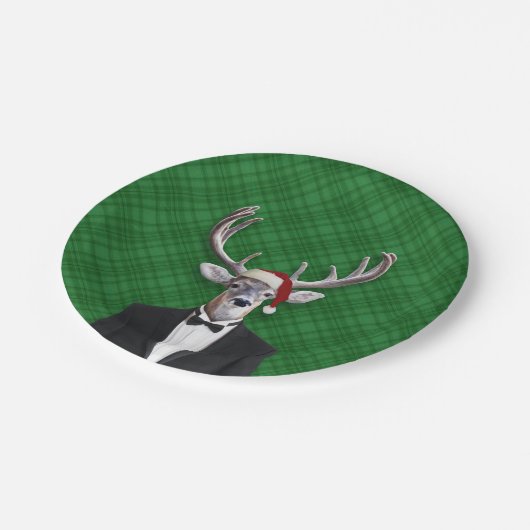 Grappige Kerstman Hoed Kerst Herten Groen Plaid Papieren Bordje (Gekanteld)