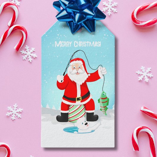 Grappige Kerstman Ijsvissen Met Ijsbeer Cadeaulabel