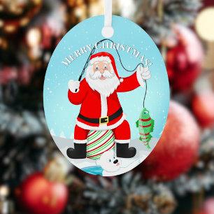 Grappige Kerstman Ijsvissen Met Ijsbeer Metalen Ornament