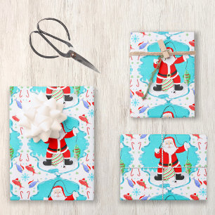 Grappige Kerstman Ijsvissen Met Ijsbeer Patroon Inpakpapier Vel