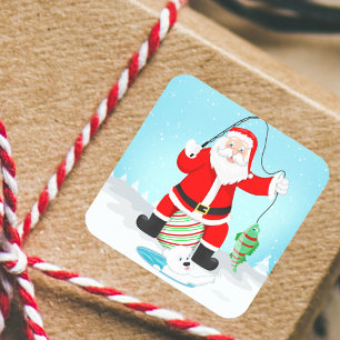 Grappige Kerstman Ijsvissen Met Ijsbeer Vierkante Sticker