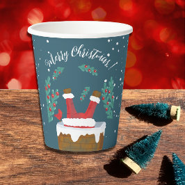Grappige Kerstman in Schoorsteen Blauwe Kerst Papi Papieren Bekers