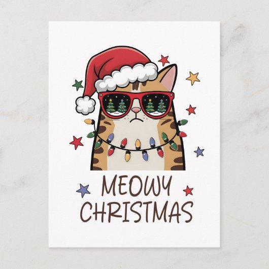 Grappige Kerstman Kat "Meowy Kerstmis" Feestdagenkaart (Voorkant)