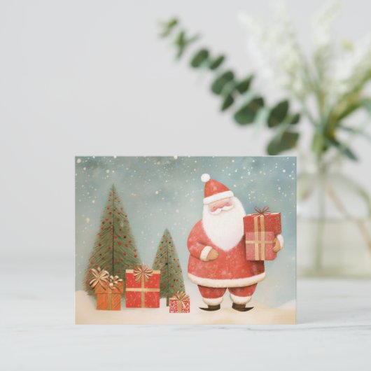 Grappige Kerstman met kerstboom en cadeaus Briefkaart (Staand voorkant)