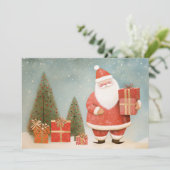 Grappige Kerstman met kerstboom en cadeaus Feestdagenkaart (Staand voorkant)