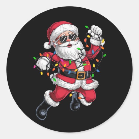 Grappige kerstman met kerstverlichting vakantie ronde sticker (Voorkant)