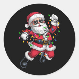 Grappige kerstman met kerstverlichting vakantie ronde sticker