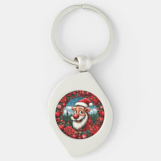Grappige Kerstman met krans en versieringen Sleutelhanger (Voorkant)