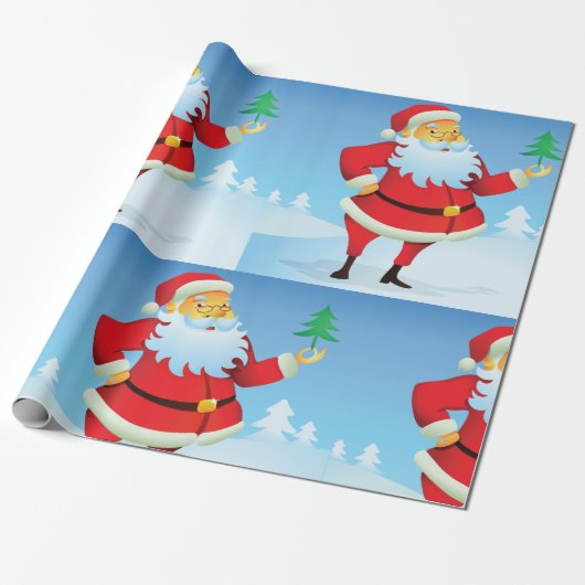 Grappige kerstman met mini kerstboom cadeaupapier (Uitgerold)