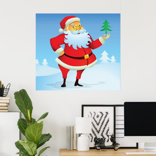 Grappige kerstman met mini kerstboom poster (Thuiskantoor)