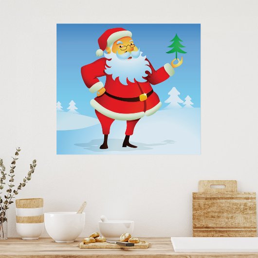 Grappige kerstman met mini kerstboom poster