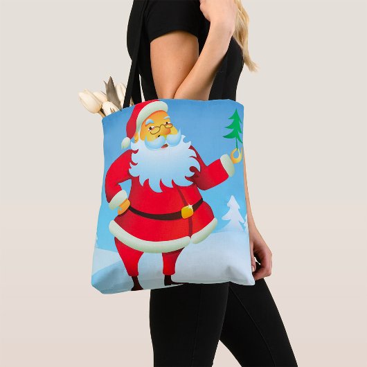 Grappige kerstman met mini kerstboom tote bag