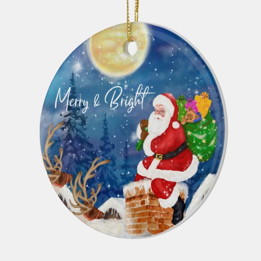 Grappige Kerstman met zak van geschenken Keramisch Ornament (Links)