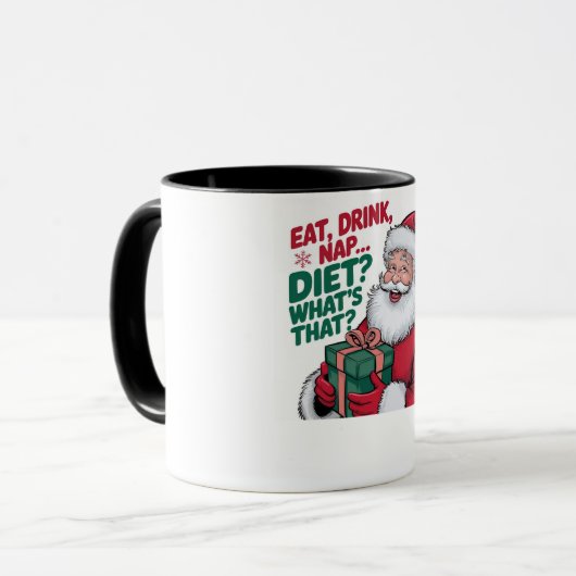 Grappige Kerstman Mok Eten Drinken Slapen (Voorkant links)