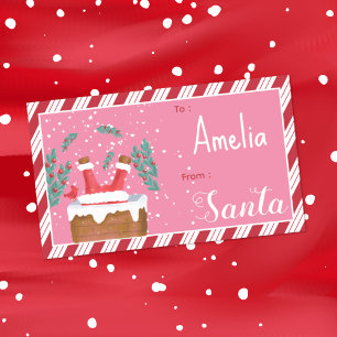 Grappige Kerstman Ondersteboven Kind Roze Gift Tag Rechthoekige Sticker
