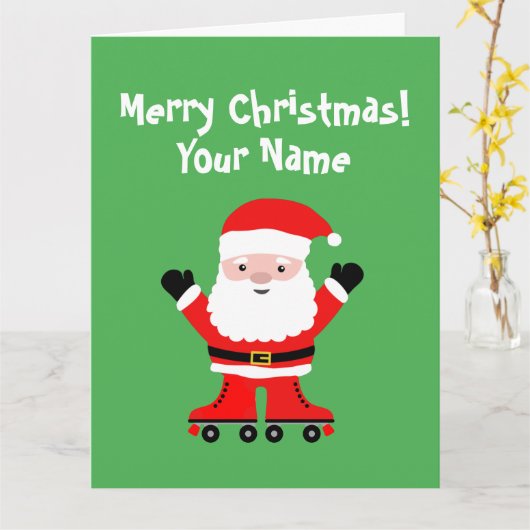 Grappige Kerstman op roller schaatsen Kerst Kaart (Gele Bloem)