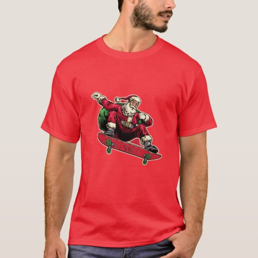 Grappige kerstman op rood skateboard Vrolijk kerst T-shirt (Voorkant)