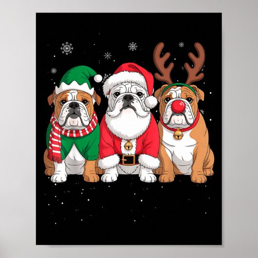 Grappige Kerstman Rendier Engelse Bulldog Hond Vro Poster (Voorkant)